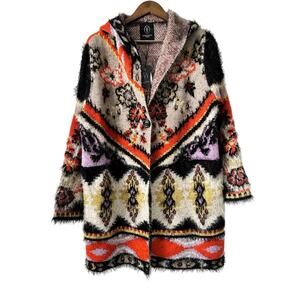 VERTIGO PARIS Large Womens Sweater Boho Hoodie Cardigan Cozy Aztec Black Orange